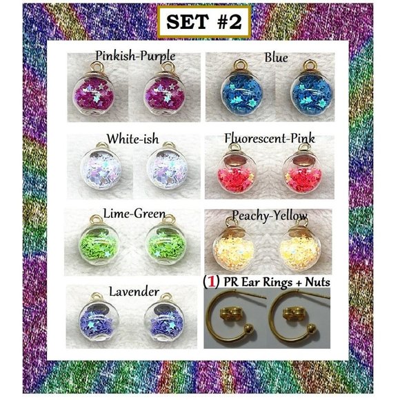 NEW Glitter Star Glass Ball Interchangeable Charm Earrings 7 Pairs in Set - Picture 2 of 7